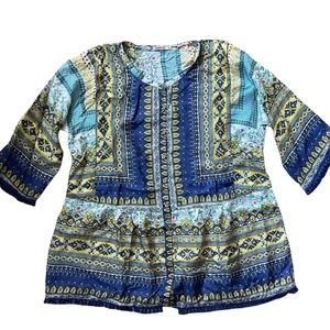 Johnny Was Tunic Blouse 100% Silk Handkerchief Print Women's Size Medium Buttons